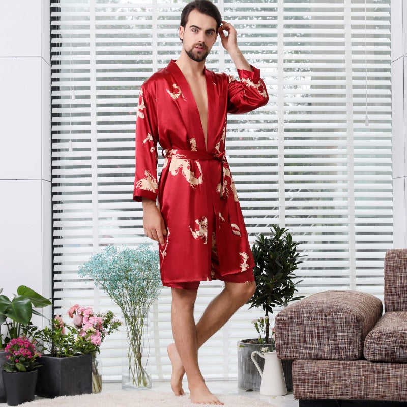 Artificial silk bathrobe two-piece plus size men's nightgown women's summer thin couple pajamas cross-border hot home wear - Image 2