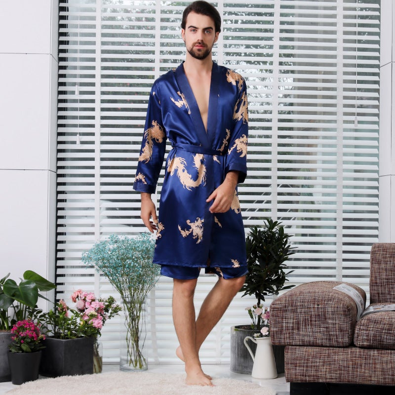 Artificial silk bathrobe two-piece plus size men's nightgown women's summer thin couple pajamas cross-border hot home wear - Image 1