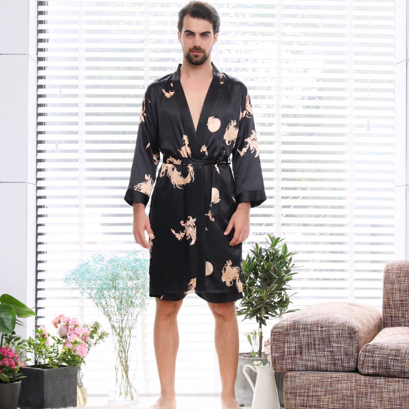 Artificial silk bathrobe two-piece plus size men's nightgown women's summer thin couple pajamas cross-border hot home wear - Image 3