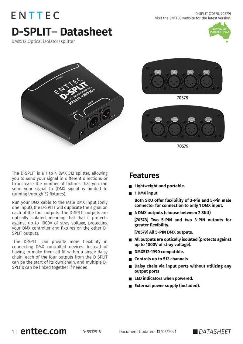 Enttec D-Split 70579 DMX 4 Port Isolated Splitter / Isolator (5-Pin) - Image 5