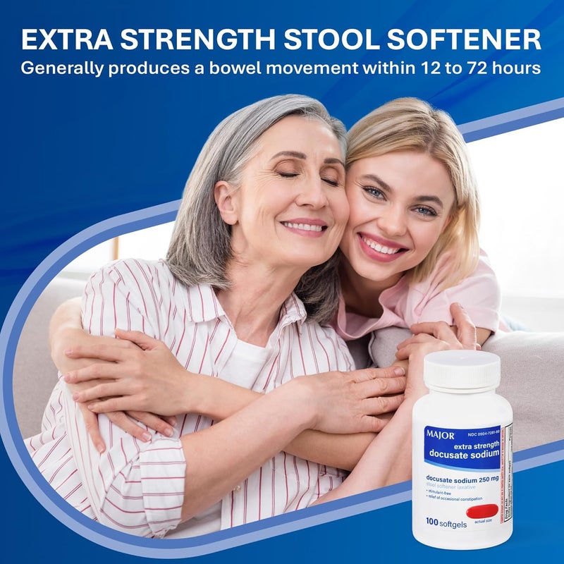 MAJOR Docusate Sodium 250 mg, Extra Strength Stool Softener Laxative for Occasional Constipation Relief – Stimulant‑Free, 100 Softgels (1 Pack) - Image 3