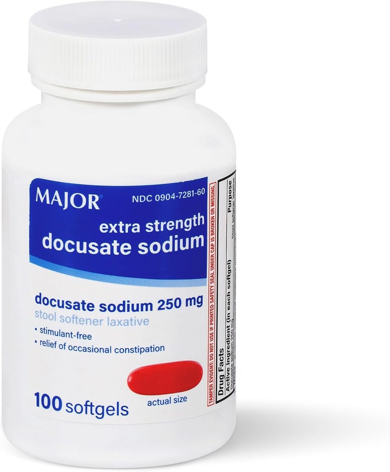 MAJOR Docusate Sodium 250 mg, Extra Strength Stool Softener Laxative for Occasional Constipation Relief – Stimulant‑Free, 100 Softgels (1 Pack) - Image 1