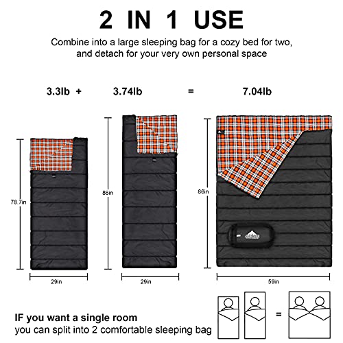 AGEMORE Cotton Flannel Double Sleeping Bag for Camping, Backpacking Or Hiking. Queen Size 2 Person Waterproof Sleeping Bag for Adults Or Teens. Lightweight with Compression Sack - Image 3