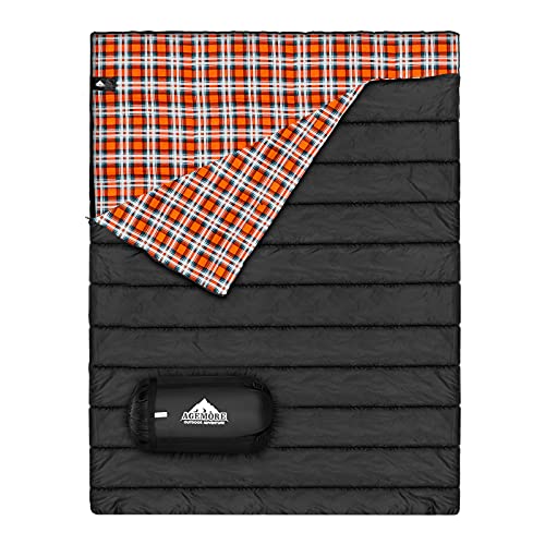 AGEMORE Cotton Flannel Double Sleeping Bag for Camping, Backpacking Or Hiking. Queen Size 2 Person Waterproof Sleeping Bag for Adults Or Teens. Lightweight with Compression Sack - Image 1