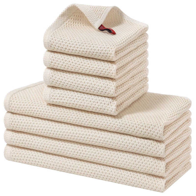 Homaxy 100 Cotton Kitchen Towels and Dishcloths Set 12 x 12 Inches and 13 x 28 Inches Set of 8 Bulk Kitchen Towels Set Ultra Soft Absorbent Dish Cloths for Washing Dishes Beige