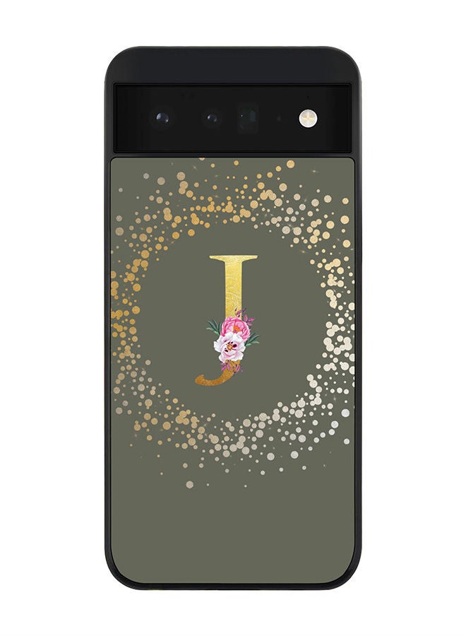 Stylizedd Rugged Black edge case for Google Pixel 6 5G Slim fit Soft Case Flexible Rubber Edges Anti Drop TPU Gel Thin Cover - Custom Monogram Initial Letter Floral Pattern Alphabet - J (Olive Green ) - Image 1