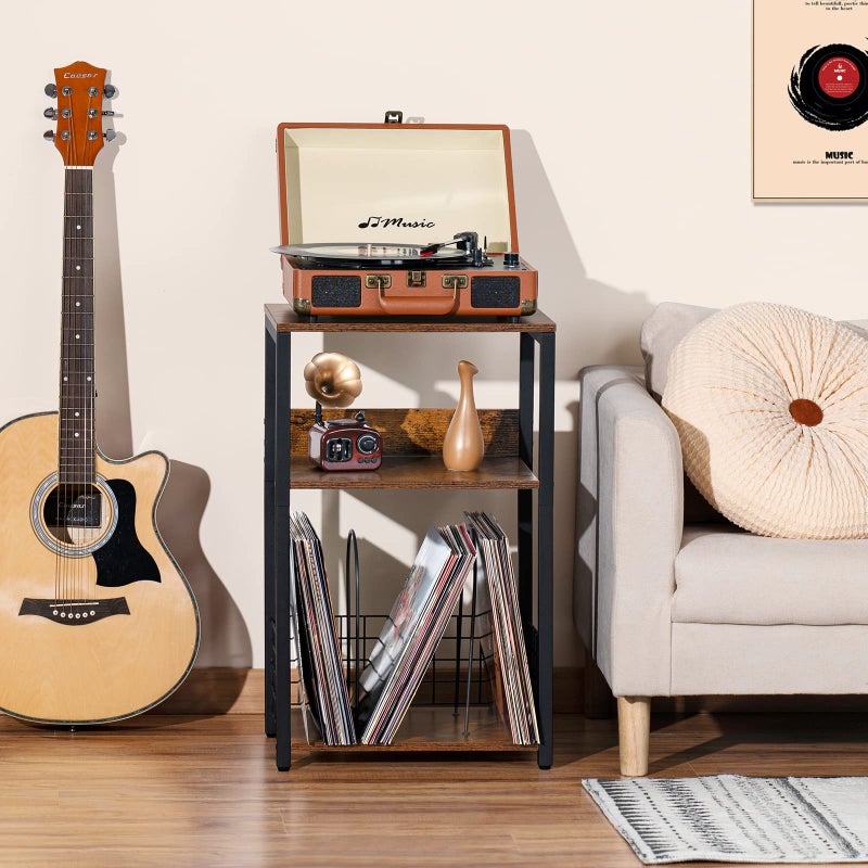 LELELINKY 3 Tier End Table,Record Player Stand with Storage Up to 100 Albums,Turntable Stand for Vinyl,Brown Records Shelf for Living Room Bedroom - Image 2