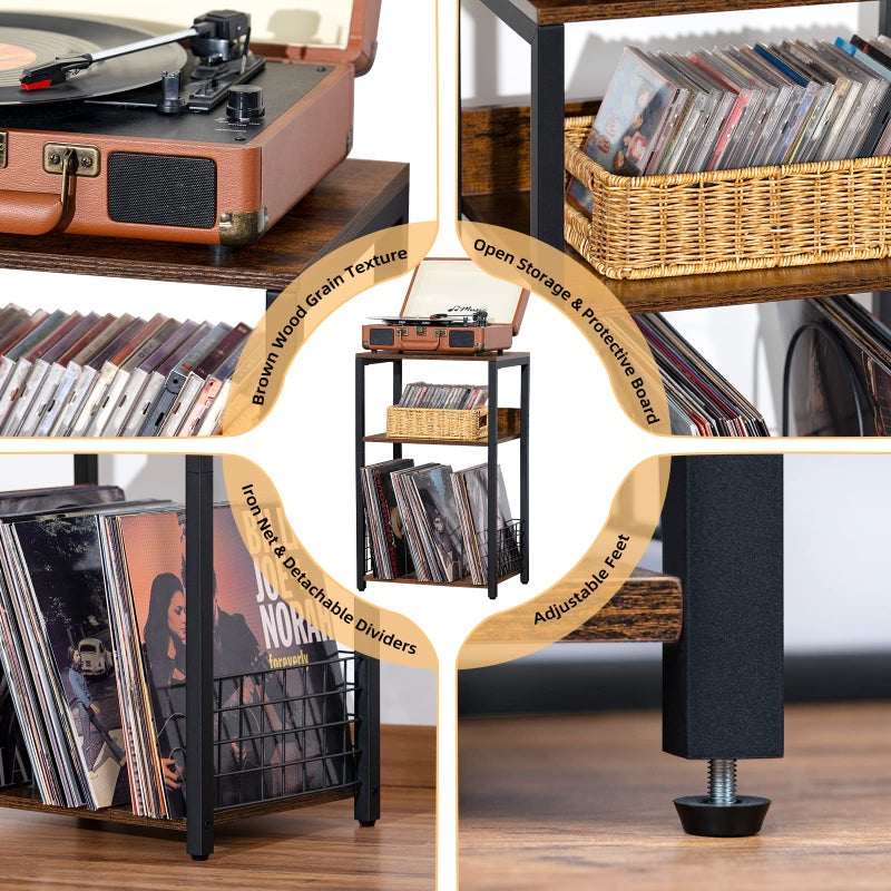 LELELINKY 3 Tier End Table,Record Player Stand with Storage Up to 100 Albums,Turntable Stand for Vinyl,Brown Records Shelf for Living Room Bedroom - Image 4
