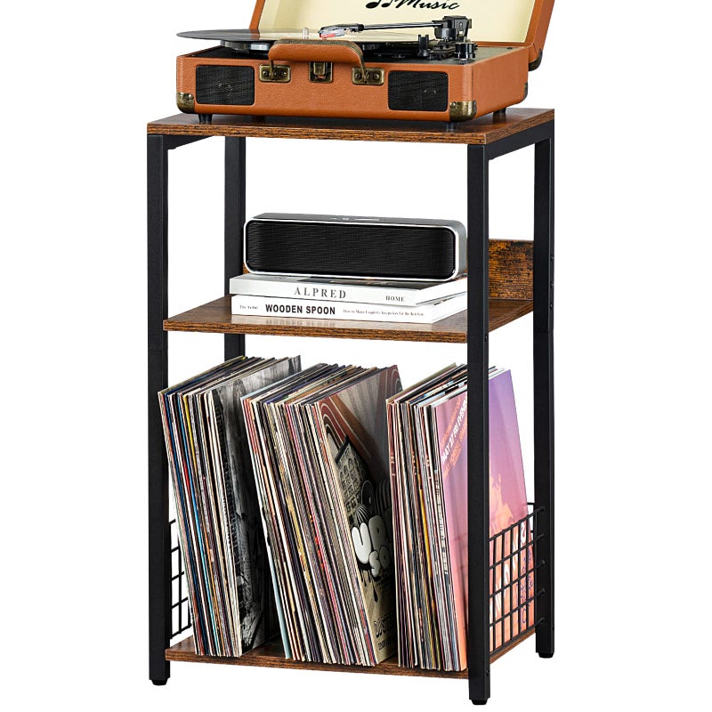 LELELINKY 3 Tier End Table,Record Player Stand with Storage Up to 100 Albums,Turntable Stand for Vinyl,Brown Records Shelf for Living Room Bedroom - Image 1