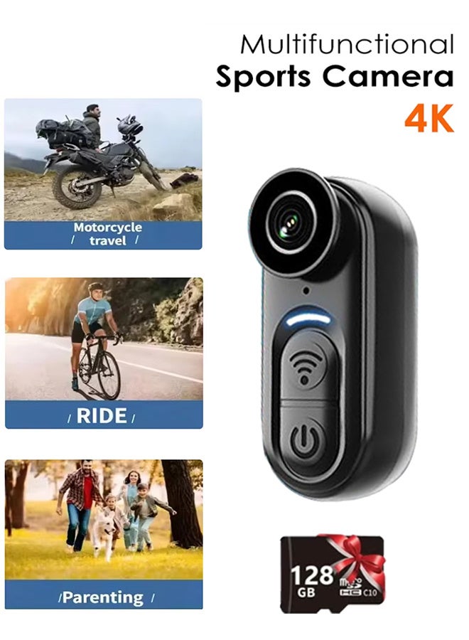 كاميرا صغيرة للجسم بدقة 4K بسعة 128 جيجابايت، كاميرا حركة بحجم الإبهام، تسجيل من منظور الشخص الأول بدون استخدام اليدين، كاميرا محمولة تُلبس على الجسم للسفر وركوب الدراجات والرياضة والحيوانات الأليفة والمغامرات الخارجية - Image 1