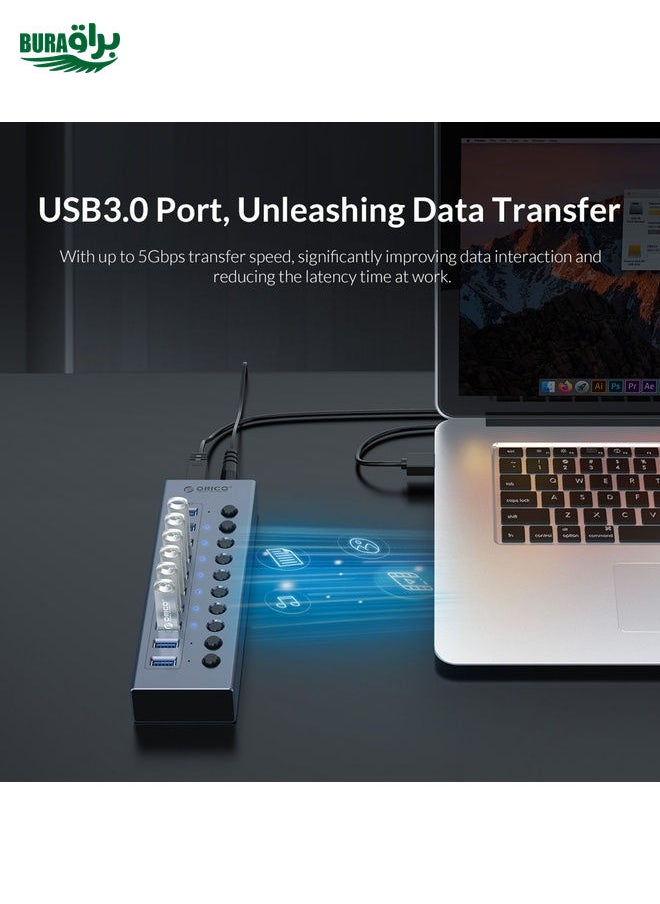 BURAQ ORICO BT2U3-7AB-GY-BP 7 Ports USB 3.0 HUB with Individual Switches(EU Plug)  - Image 3