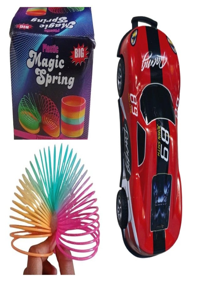 ZOKCY 2 in 1 (1 Rainbow Magic Spring Toy + 1 Mini Racing Car Toy Mini Racing Car Toy) for Kids/Rainbow Spring Fun Activity Stress Relief Toy/Mini Racing Car for Boys and Girls Pull & Push Go Sports - Image 1