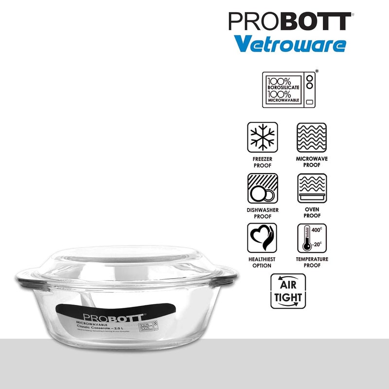 PROBOTT PROBOTT Vetroware Borosilicate Glass Casserole for Roti Chapati Rice Curry Serve Deep Round Oven and Microwave Safe Serving Bowl with Glass Lid PV Classic Casserole_2Ltr  - Image 3