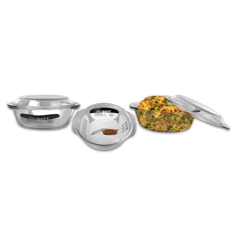 PROBOTT PROBOTT Vetroware Borosilicate Glass Casserole for Roti Chapati Rice Curry Serve Deep Round Oven and Microwave Safe Serving Bowl with Glass Lid PV Classic Casserole_2Ltr  - Image 2