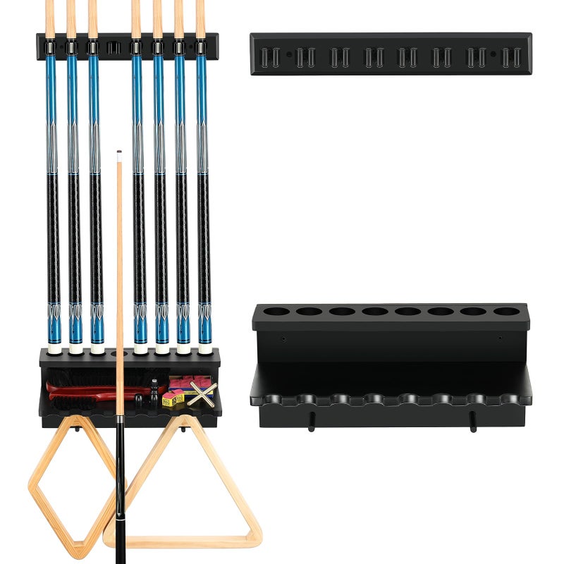 EXTCCT Pool Cue Rack Stick Holder Billiards Pool Cue Rack Hardwood Pool Cue Set Holder for 8 Cues Sticks Storage Pool Table Accessories Equipment Organizer