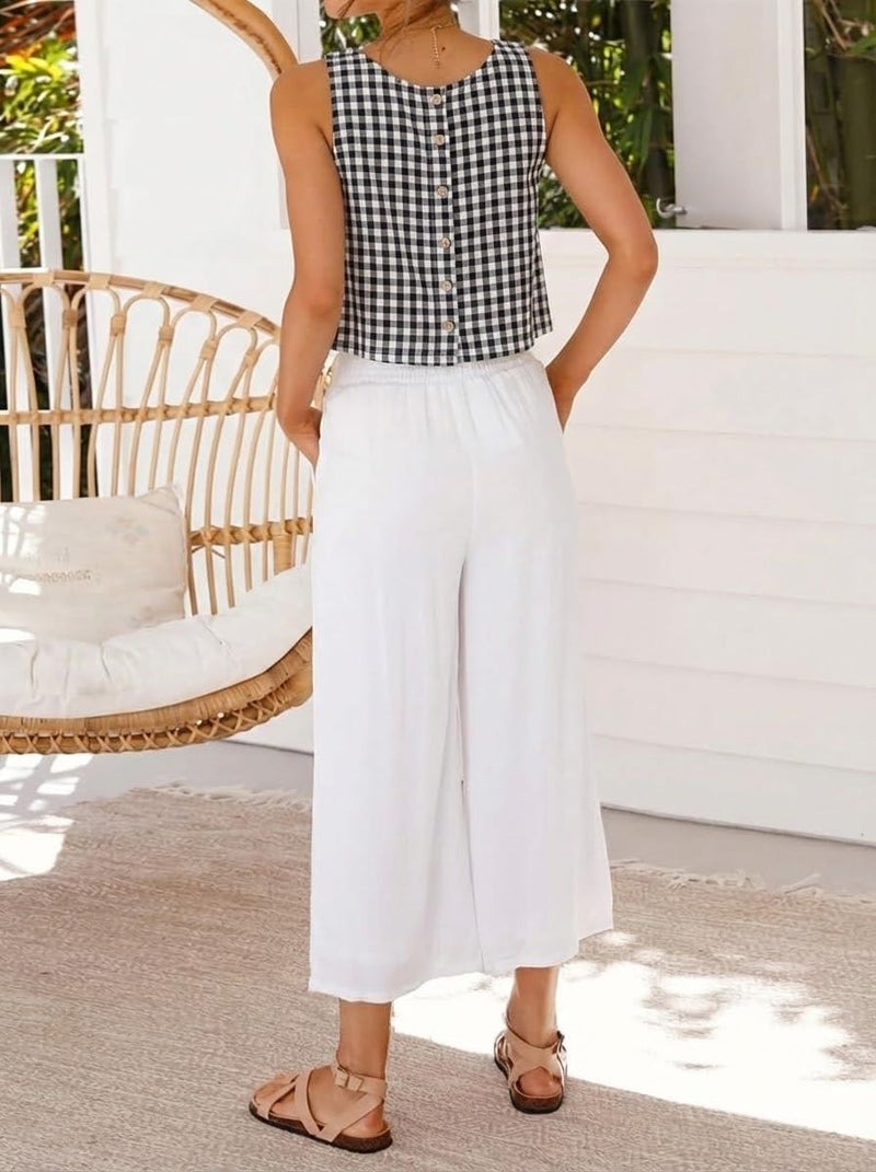 IDEALSANXUN Spring Tops for Women 2026 Sleeveless Shirts Blouses Summer Beach Vacation Outfits Crop Cute Gingham Plaid Linen Tank Top, Black, L - Image 4