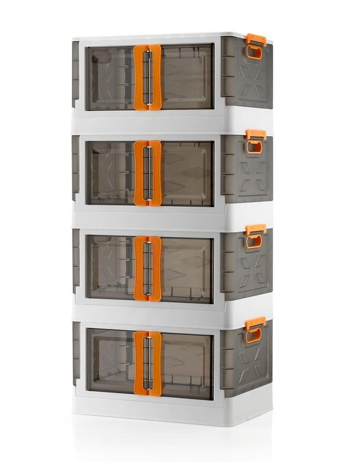 HCN Set of 4 70L Plastic Storage Bins with Lids, Collapsible Folding Storage Boxes with Doors and Wheels, Stackable Closet Organizer for Home Cupboard Storage - White - Image 1
