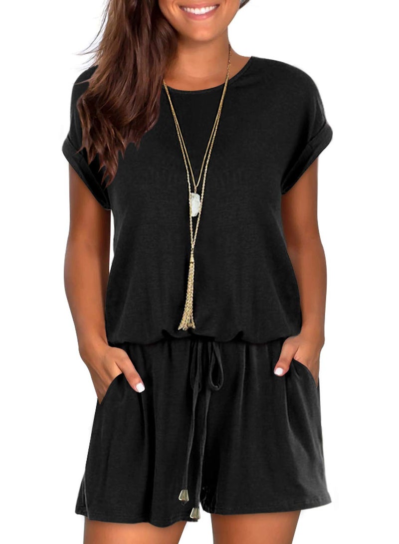 Mokayee Womens Black Summer Short Sleeve Crew Neck Cute Front Tie Casual Short Jumpsuits Rompers with Pockets XL