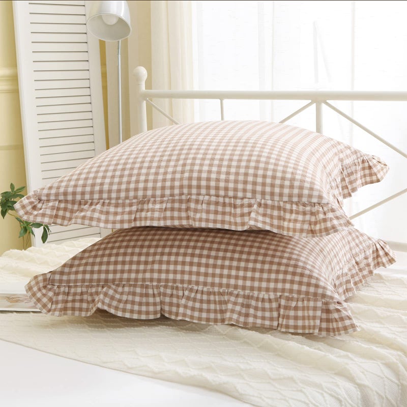 K MASANIJI 2 Pack Taupe White Plaid Ruffle Square Euro Pillow Shams, 100% Washed Cotton Gingham Camel Brown Fall Decorative Pillow Covers for Bed/Sofa - 26''x26'' - Image 5