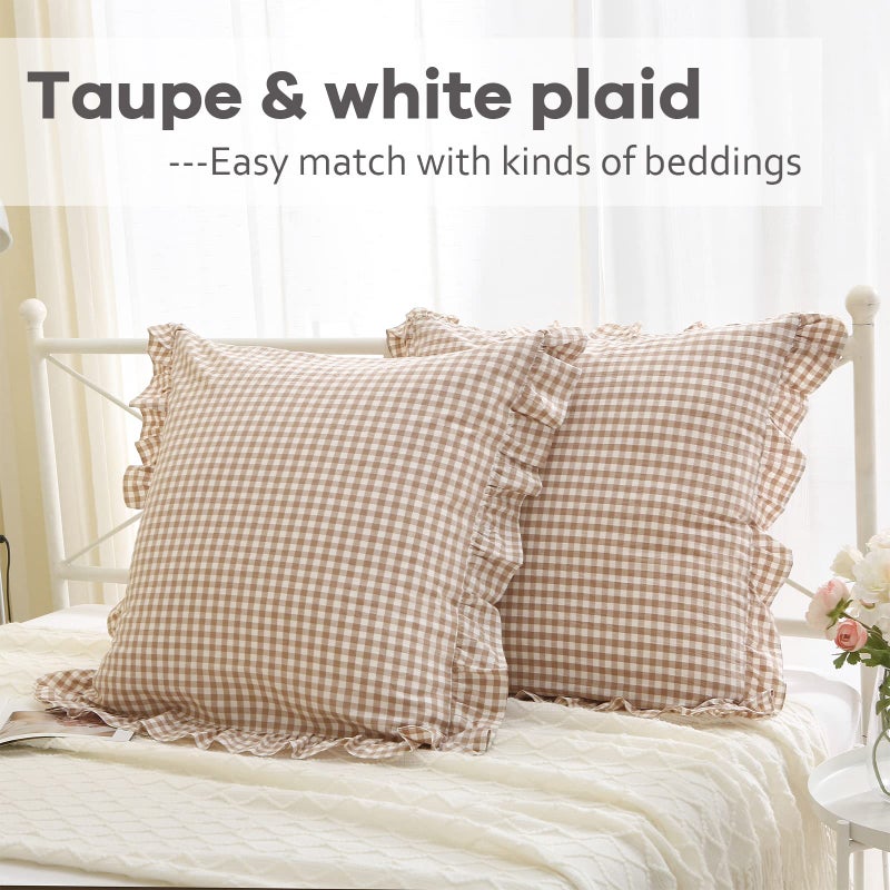 K MASANIJI 2 Pack Taupe White Plaid Ruffle Square Euro Pillow Shams, 100% Washed Cotton Gingham Camel Brown Fall Decorative Pillow Covers for Bed/Sofa - 26''x26'' - Image 2