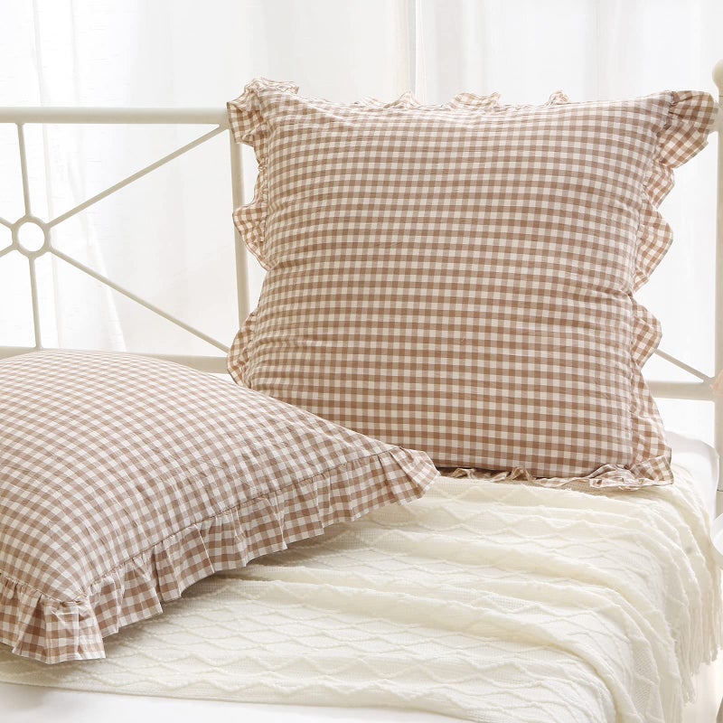 K MASANIJI 2 Pack Taupe White Plaid Ruffle Square Euro Pillow Shams, 100% Washed Cotton Gingham Camel Brown Fall Decorative Pillow Covers for Bed/Sofa - 26''x26'' - Image 1