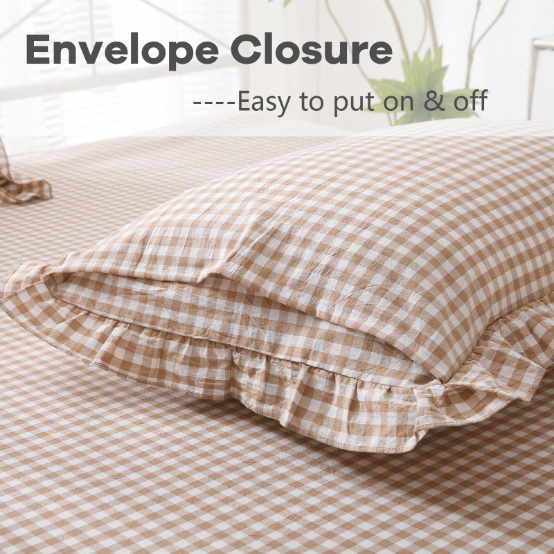 K MASANIJI 2 Pack Taupe White Plaid Ruffle Square Euro Pillow Shams, 100% Washed Cotton Gingham Camel Brown Fall Decorative Pillow Covers for Bed/Sofa - 26''x26'' - Image 3