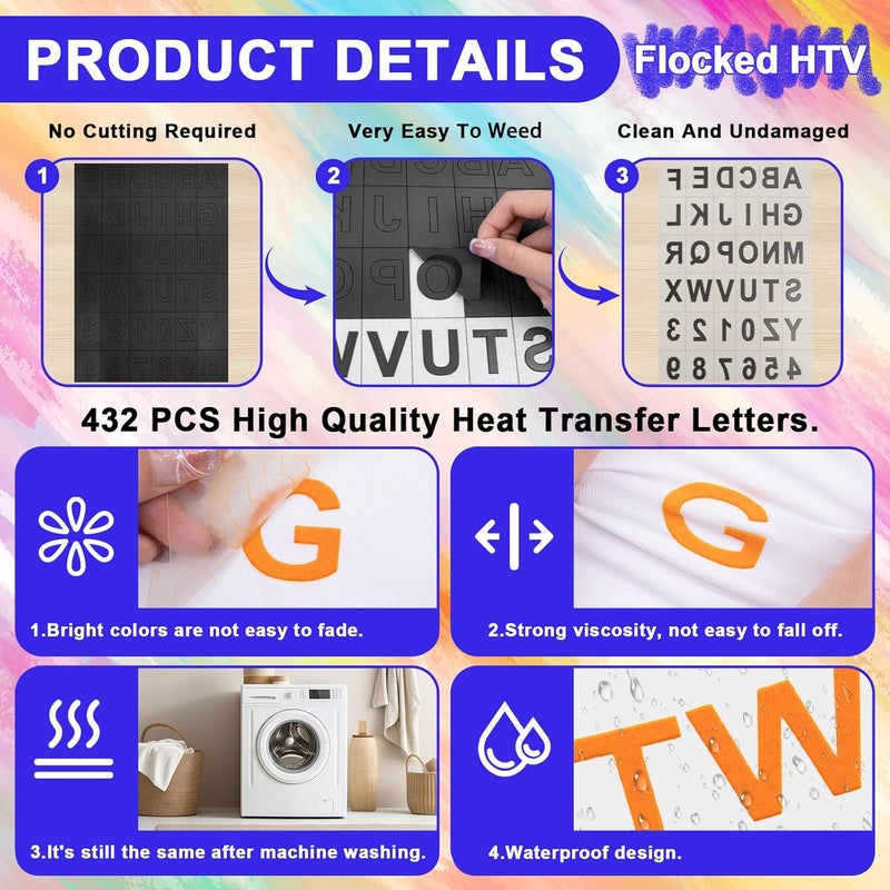 TECKWRAP TECKWRAP Iron on Letters for Clothing Velvet Flocked Iron on Letters  Numbers Set 312 Letters 120 Numbers 12 Sheets Vibrant 12 Colors for Custom TShirts Hoodies Bags Jerseys  DIY Projects - Image 3