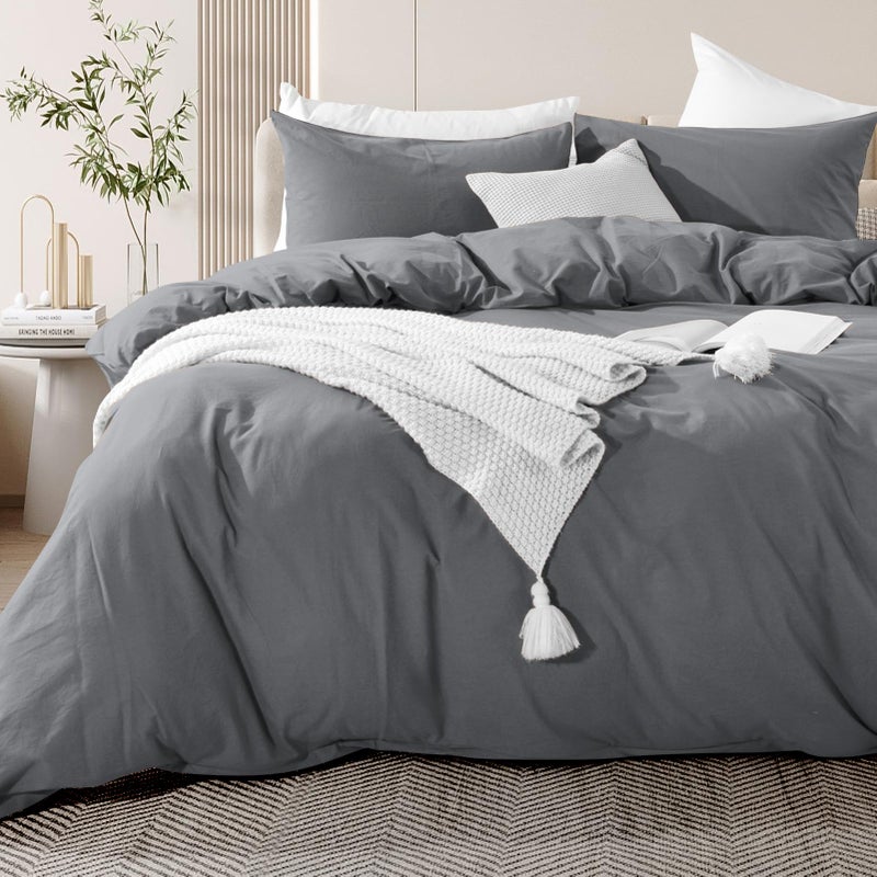 NEXHOME PRO Cotton Duvet Cover Queen Size Linen Look Textured Organic Natural 100% Washed Cotton Duvet Cover 3 Pieces Bedding Set with Zipper Closure  Breathable  Soft  Grey (No Comforter) - Image 1