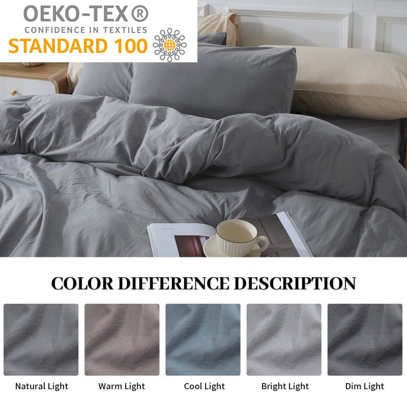 NEXHOME PRO Cotton Duvet Cover Queen Size Linen Look Textured Organic Natural 100% Washed Cotton Duvet Cover 3 Pieces Bedding Set with Zipper Closure  Breathable  Soft  Grey (No Comforter) - Image 2