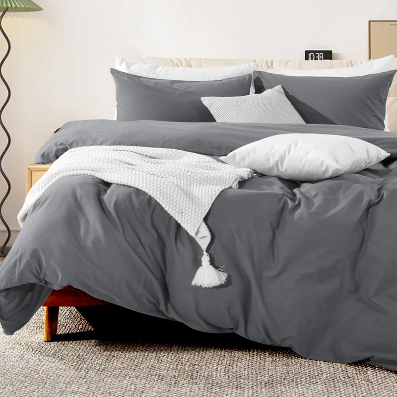 NEXHOME PRO Cotton Duvet Cover Queen Size Linen Look Textured Organic Natural 100% Washed Cotton Duvet Cover 3 Pieces Bedding Set with Zipper Closure  Breathable  Soft  Grey (No Comforter) - Image 3