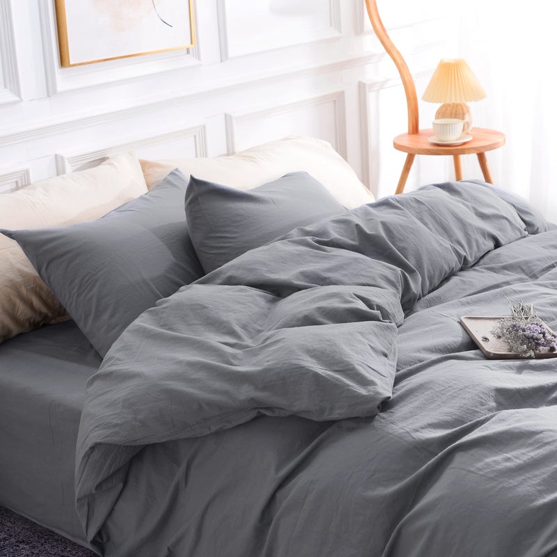 NEXHOME PRO Cotton Duvet Cover Queen Size Linen Look Textured Organic Natural 100% Washed Cotton Duvet Cover 3 Pieces Bedding Set with Zipper Closure  Breathable  Soft  Grey (No Comforter) - Image 4
