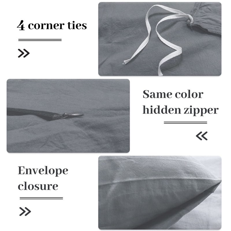 NEXHOME PRO Cotton Duvet Cover Queen Size Linen Look Textured Organic Natural 100% Washed Cotton Duvet Cover 3 Pieces Bedding Set with Zipper Closure  Breathable  Soft  Grey (No Comforter) - Image 5