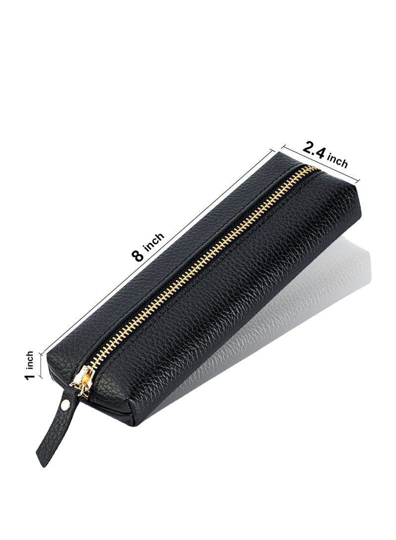 SYOSI Genuine Leather Pen Case, Portable Cowhide Pencil Pouch with Zipper, Soft Black Simple Pen Bag for Adults, Student, Writer  - Image 3
