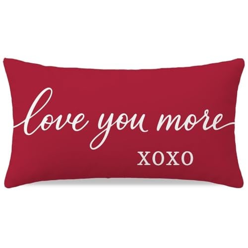 HERHOME Valentines Day Pillow Covers 12x20 Inch, Love You More XOXO Red Romantic Lumbar Decorative Cushion Case for Couples Bedroom Sofa Couch, Valentines Day Gifts for Him Her Anniversary Home Decor - Image 1