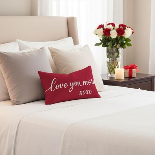 HERHOME Valentines Day Pillow Covers 12x20 Inch, Love You More XOXO Red Romantic Lumbar Decorative Cushion Case for Couples Bedroom Sofa Couch, Valentines Day Gifts for Him Her Anniversary Home Decor - Image 2