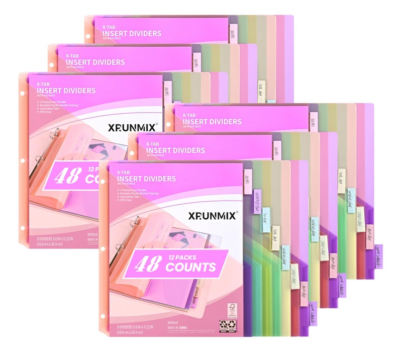 XRUNMIX 48 Counts 8-Tab Binder Dividers, Index Pockets for 3 Ring Binders, 8 Pastel Colors, US Letter Size (6) - Image 1