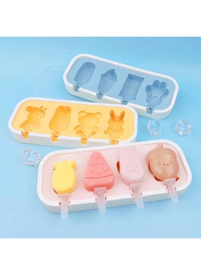 Silicone Popsicle Mould, BPA-Free, 4 Cavities with Reusable Sticks, DIY Cartoon Shapes, Easy Release, for Kids and Adults, Multicolor - Image 1