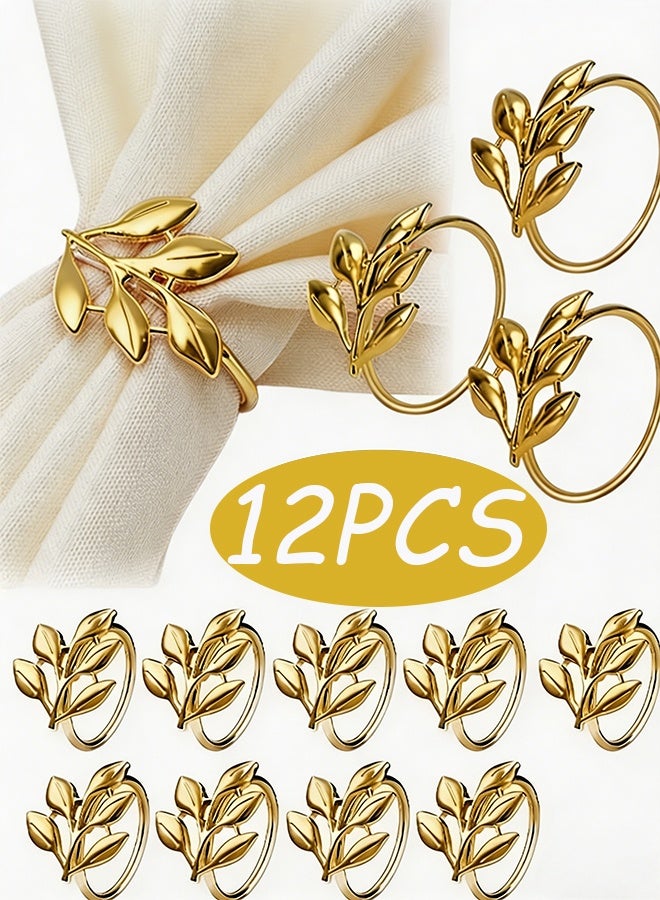 12Pcs Premium Golden Maple Leaf Napkin Ring Holders Elegant Reusable Alloy Tableware Accessories for Weddings Eid Gatherings Dinner Parties Holiday Feasts Home Kitchen Dining Café Formal Events - Image 1