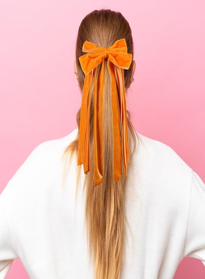 melyde Velvet Elastic Hair Tie 11 Inch Long Velvet Ribbon Bowknot Headwear Fall Winter Ponytail Hair Accessories for Women Girls, Orange - Image 3