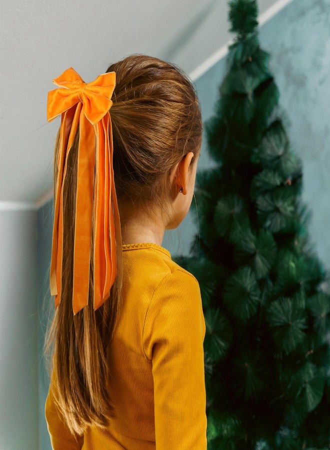 melyde Velvet Elastic Hair Tie 11 Inch Long Velvet Ribbon Bowknot Headwear Fall Winter Ponytail Hair Accessories for Women Girls, Orange - Image 2