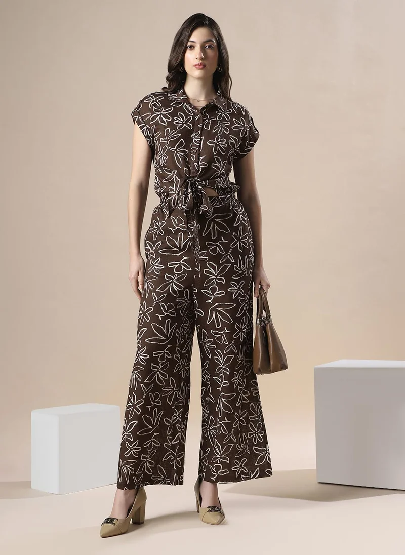 Globus Women Brown Floral Print Collared Neck Extended Sleeves Tie Ups & Cut Out Details Flared Jumpsuit