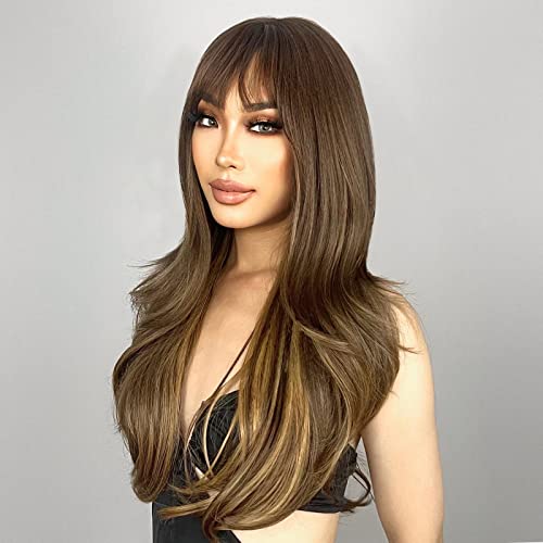 N NAYASA Brown Wigs with Bangs Long Layered Wigs for Women Brown Mixed Blonde Synthetic Wig Heat Resistant Natural Looking Wigs for Daily Party Use - Image 3