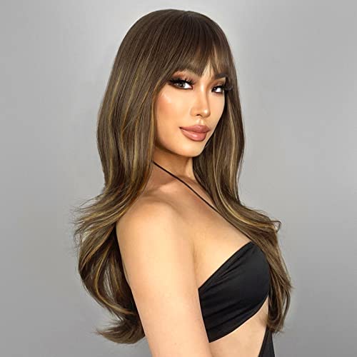 N NAYASA Brown Wigs with Bangs Long Layered Wigs for Women Brown Mixed Blonde Synthetic Wig Heat Resistant Natural Looking Wigs for Daily Party Use - Image 4