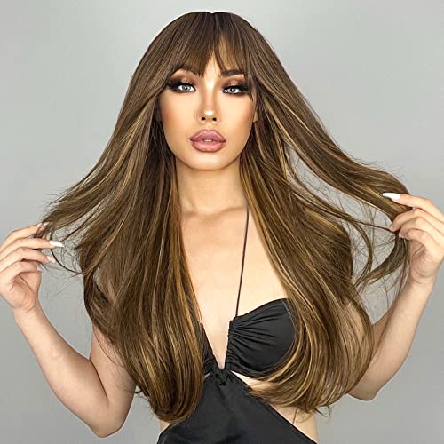 N NAYASA Brown Wigs with Bangs Long Layered Wigs for Women Brown Mixed Blonde Synthetic Wig Heat Resistant Natural Looking Wigs for Daily Party Use - Image 2