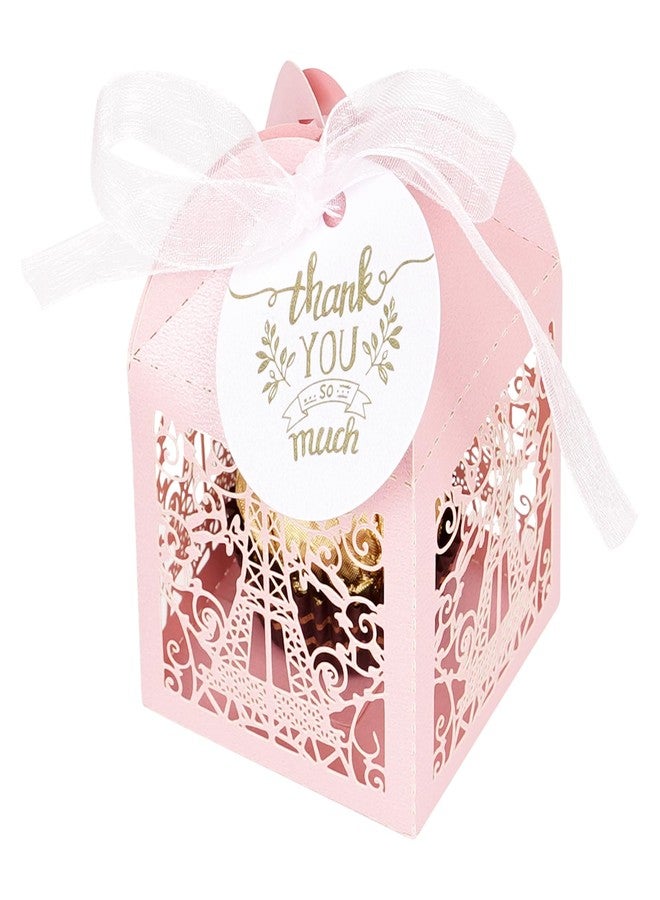 BUNCHBRAVO Eiffel Tower Candy Boxes with Ribbon and Tags, 50-Piece Set, Pearl Laser Cut Favor Boxes for Wedding Bridal Shower Anniversary Birthday Party (Pink) - Image 1