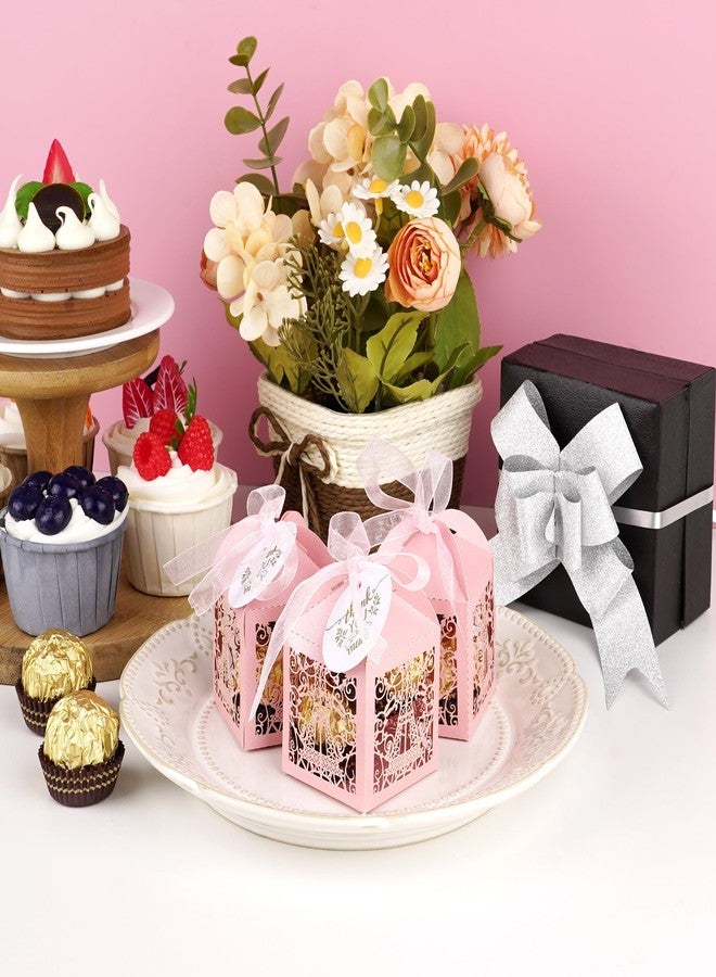BUNCHBRAVO Eiffel Tower Candy Boxes with Ribbon and Tags, 50-Piece Set, Pearl Laser Cut Favor Boxes for Wedding Bridal Shower Anniversary Birthday Party (Pink) - Image 4