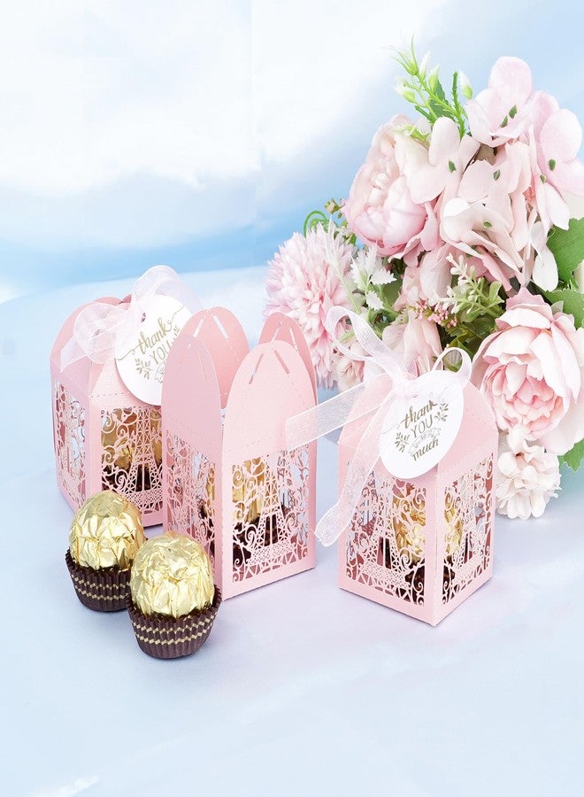 BUNCHBRAVO Eiffel Tower Candy Boxes with Ribbon and Tags, 50-Piece Set, Pearl Laser Cut Favor Boxes for Wedding Bridal Shower Anniversary Birthday Party (Pink) - Image 5