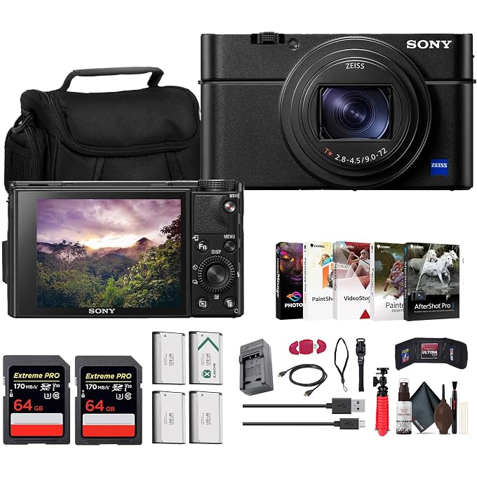 Sony Cyber-Shot RX100 VII Digital Camera (DSC-RX100M7)  20.1MP 1-Inch Stacked CMOS Sensor | ZEISS 24200mm Zoom Lens + 2 x 64GB Card + Case + 3 x NP-BX1 Battery + More - Image 1