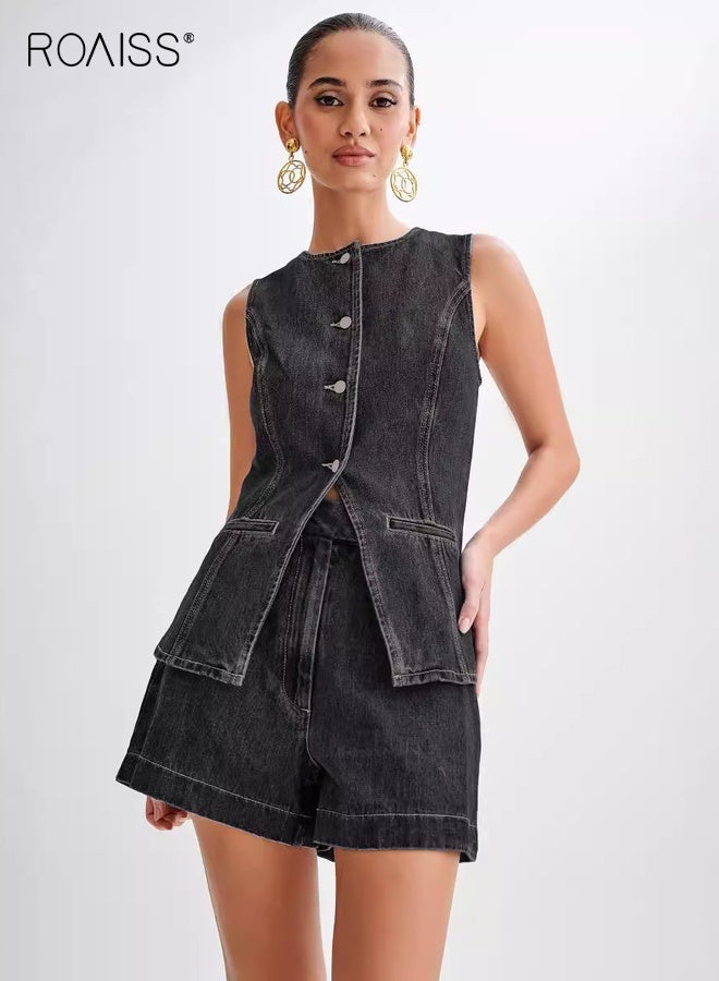 roaiss Sleeveless Denim Suit for Women Chic Summer Outfit Denim Set Ladies Sleeveless Crewneck Button-Up Denim Vest Top and High Waist Denim Shorts Trendy Comfortable Black - Image 2