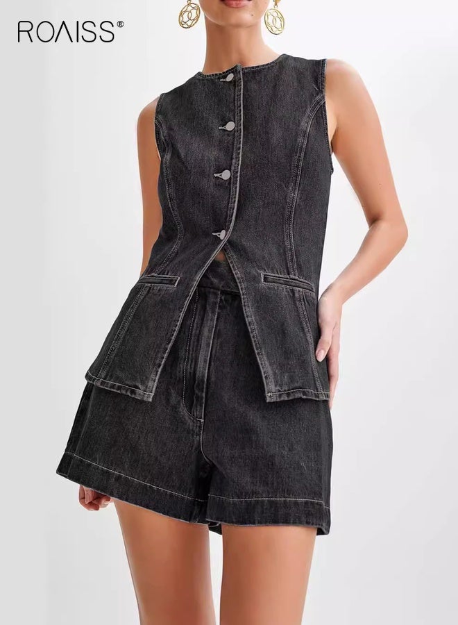 roaiss Sleeveless Denim Suit for Women Chic Summer Outfit Denim Set Ladies Sleeveless Crewneck Button-Up Denim Vest Top and High Waist Denim Shorts Trendy Comfortable Black - Image 1